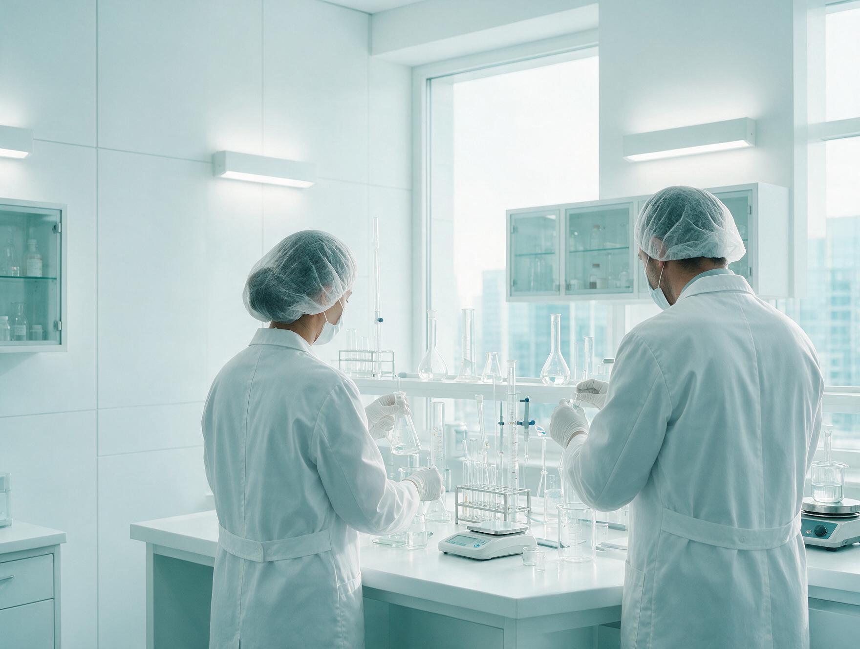 Equipe farmacêutica de jaleco e touca trabalhando na bancada do laboratório